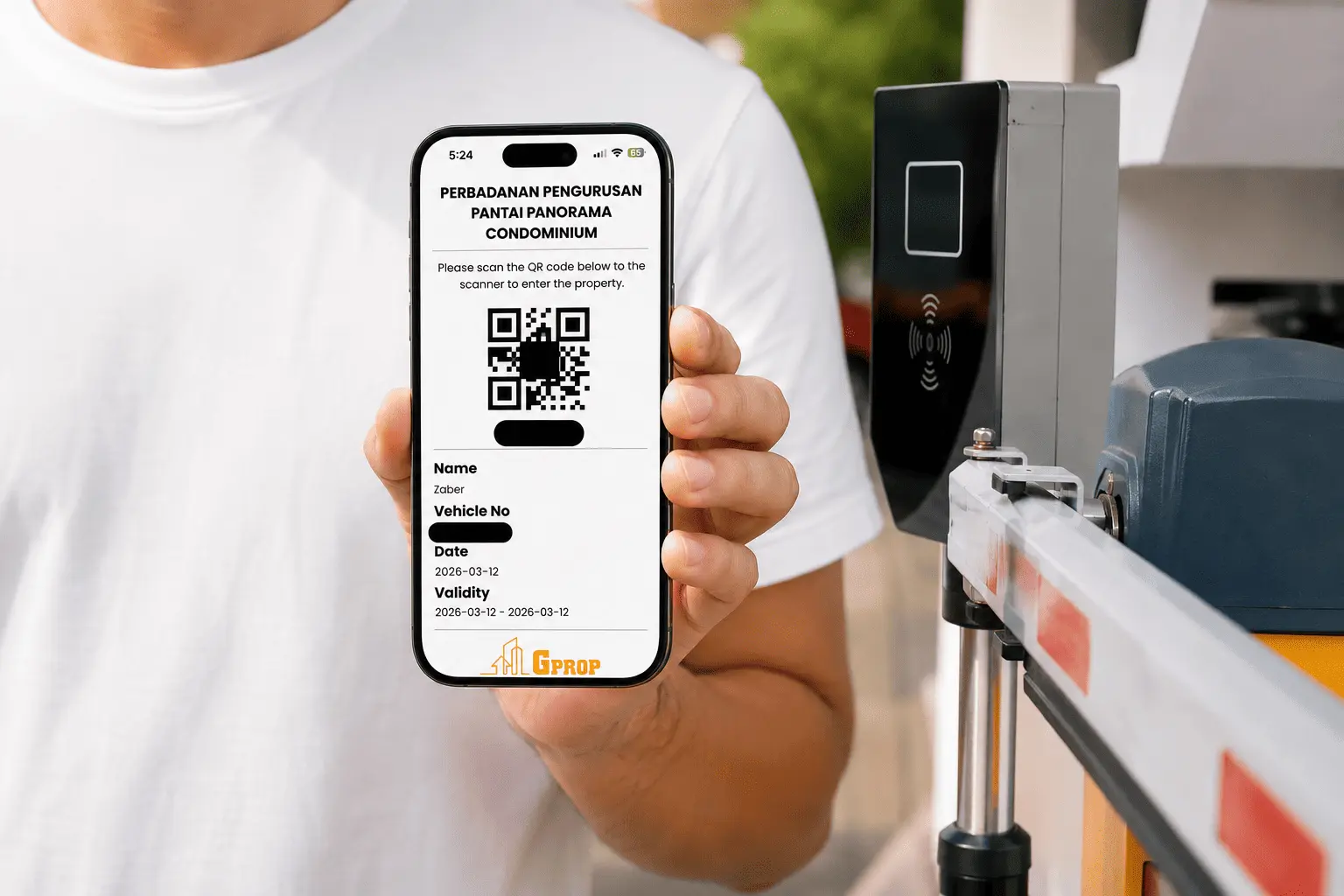 Resident holding a smartphone displaying a QR code for visitor entry at a barrier gate using Gprop Systems QR code scanner system.
